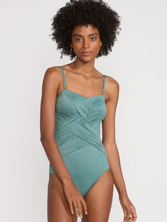 Lands' End Other - Lands' End Slender Suit Shine Bandeau Tummy Control High Leg One Piece Suit Sage